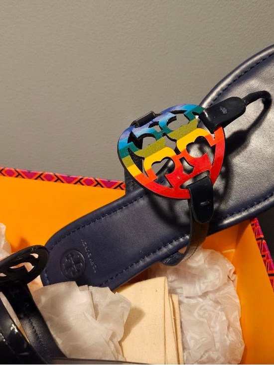 Tory Burch Shoes - Tory Burch Rainbow Logo Thong Sandal with Black Straps